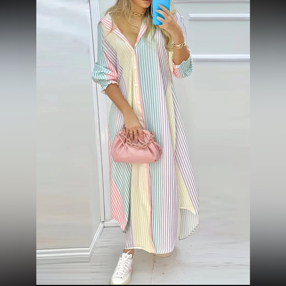 🔥 LAST ONE COLOR-BLOCK STRIPED MAXI SHIRT BUTTON UP DRESS LONG SLEEVE S M L XL - Picture 3 of 5